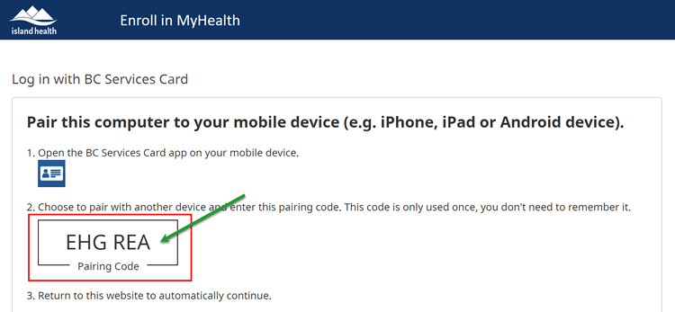 MyHealth配对代码屏幕